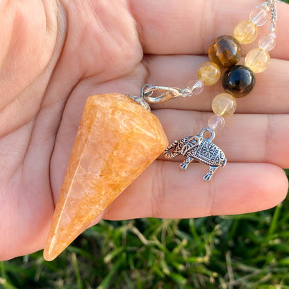 Golden Healer Quartz Hexagonal Pendulum with Lucky Elephant