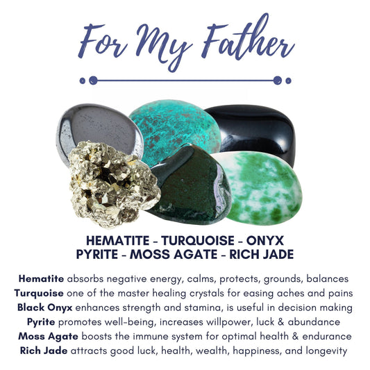 An image titled "For My Father Crystal Kit" featuring six healing crystals labeled with their properties: Hematite (calms, protects), Turquoise (healing), Black Onyx (strength, decision making), Pyrite (well-being, abundance), Moss Agate (immune support), and Rich Jade (luck, health, longevity).