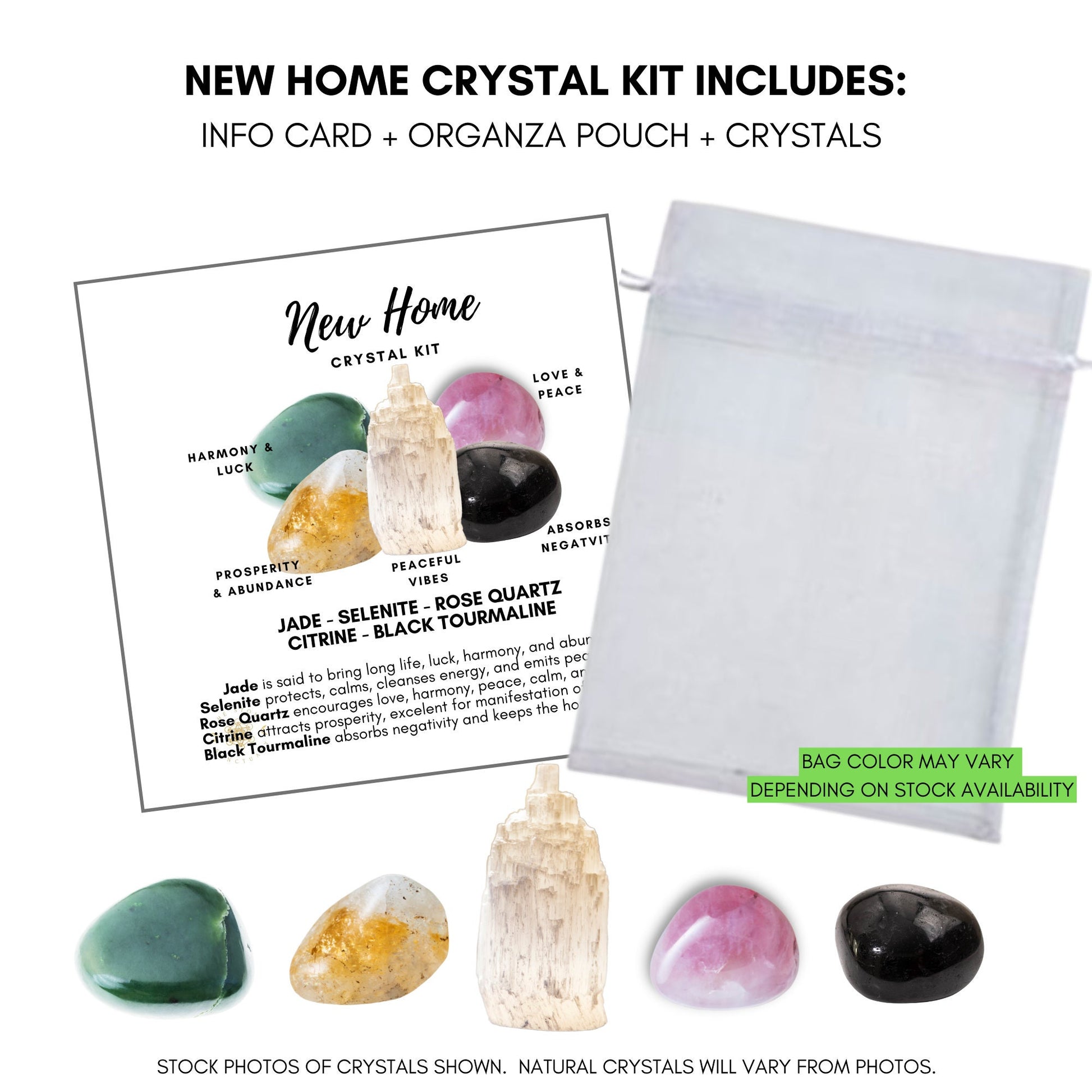 An image of a **New Home Crystal Kit**, an ideal housewarming gift, featuring five healing crystals: Jade (harmony and luck), Selenite (peaceful vibes), Rose Quartz (love and peace), Citrine (prosperity and abundance), and Black Tourmaline (absorbs negativity). Descriptions of each crystal are also included.