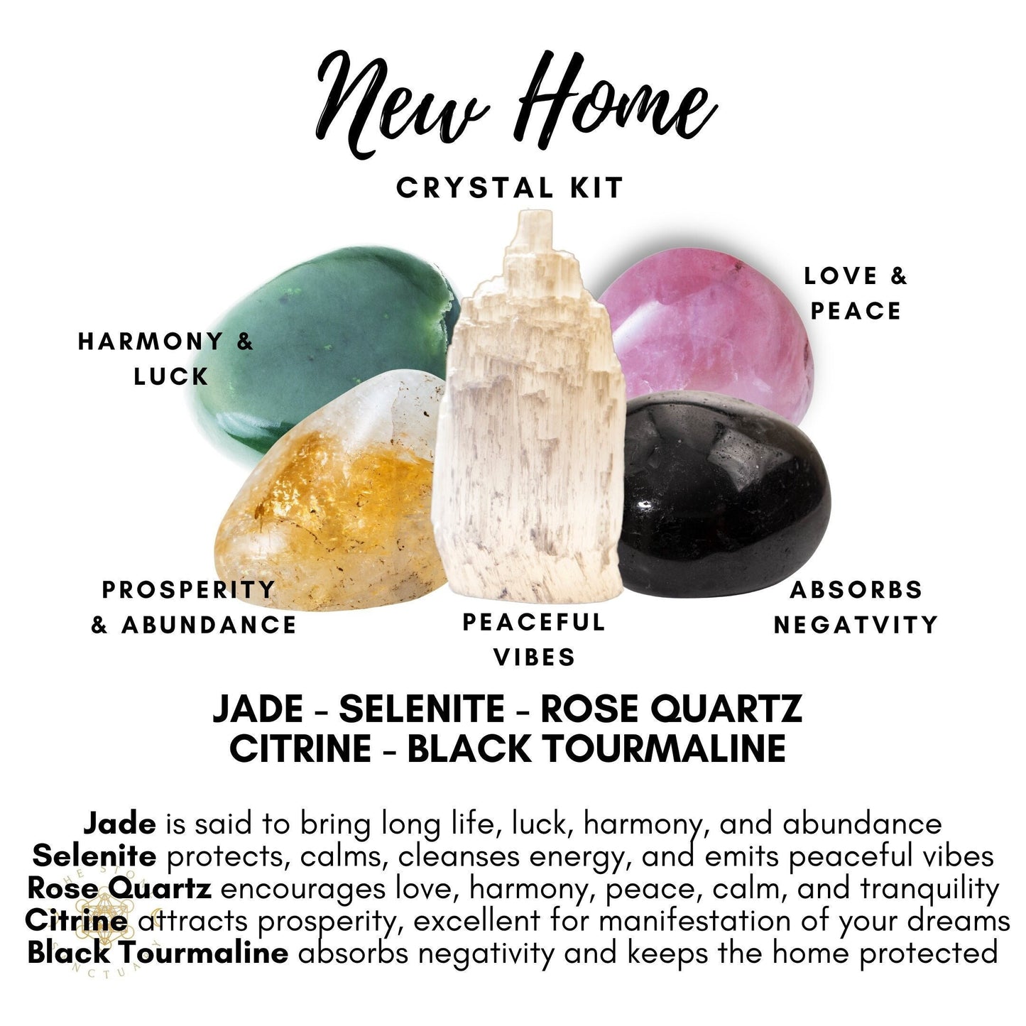 An image of a **New Home Crystal Kit**, an ideal housewarming gift, featuring five healing crystals: Jade (harmony and luck), Selenite (peaceful vibes), Rose Quartz (love and peace), Citrine (prosperity and abundance), and Black Tourmaline (absorbs negativity). Descriptions of each crystal are also included.