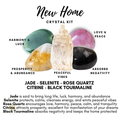 An image of a **New Home Crystal Kit**, an ideal housewarming gift, featuring five healing crystals: Jade (harmony and luck), Selenite (peaceful vibes), Rose Quartz (love and peace), Citrine (prosperity and abundance), and Black Tourmaline (absorbs negativity). Descriptions of each crystal are also included.