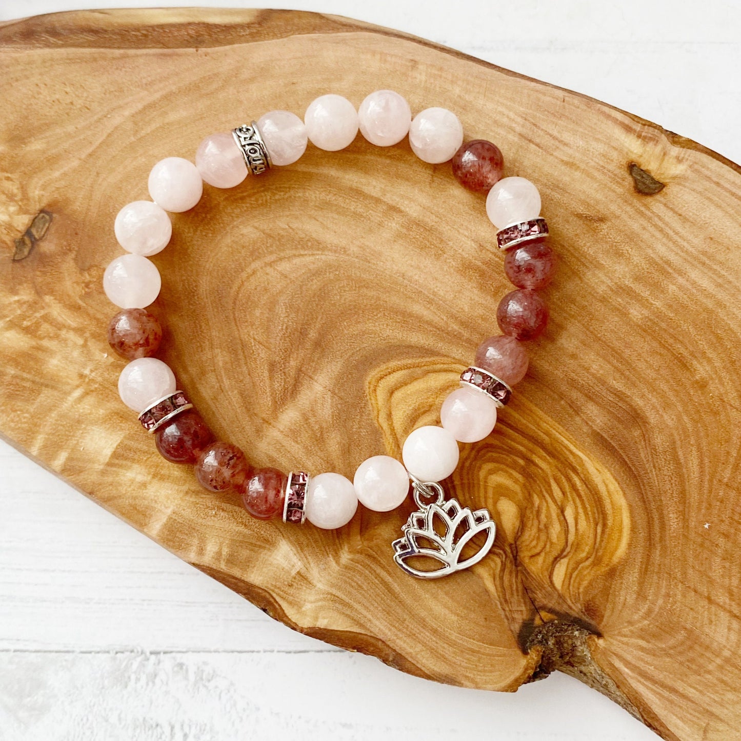 8mm Rose & Strawberry Quartz Beaded Bracelet w/Lotus Charm