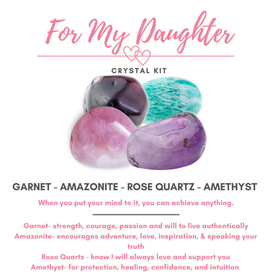 An image of a For My Daughter Crystal Kit labeled "For My Daughter," featuring four healing crystals: garnet, amazonite, rose quartz, and amethyst. The description highlights garnet for strength, amazonite for adventure, rose quartz for love, and amethyst for protection with soothing Reiki energy.