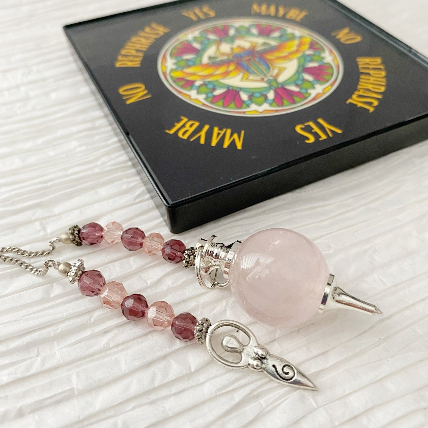 Rose Quartz Crystal Ball Pendulum w/Goddess Charm