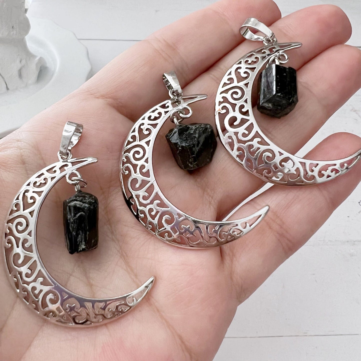 Silver Crescent Moon & Black Tourmaline Pendant