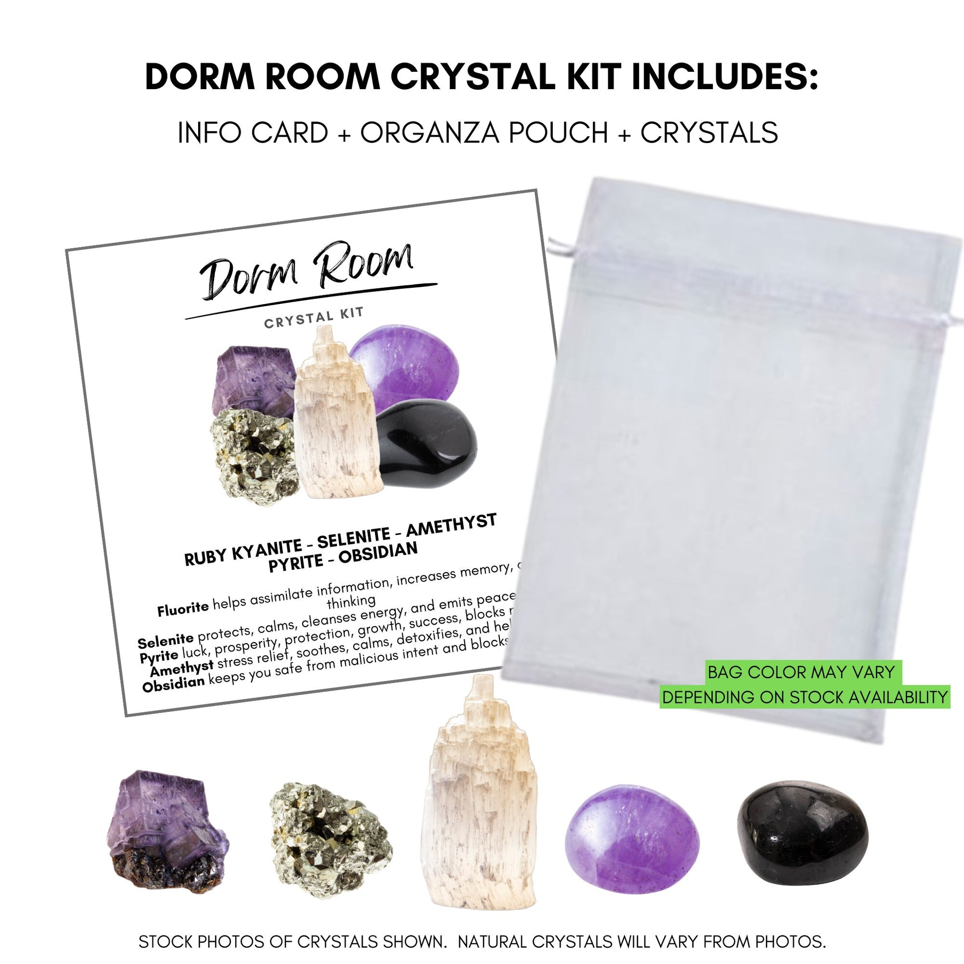 Image of a Dorm Room Crystal Kit featuring five essential crystals: fluorite, selenite, amethyst, pyrite, and obsidian. Each crystal is labeled with its respective benefits, such as memory improvement, protection, and detoxification—perfect for study and sleep aid in your college bedroom.