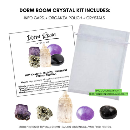 Image of a Dorm Room Crystal Kit featuring five essential crystals: fluorite, selenite, amethyst, pyrite, and obsidian. Each crystal is labeled with its respective benefits, such as memory improvement, protection, and detoxification—perfect for study and sleep aid in your college bedroom.