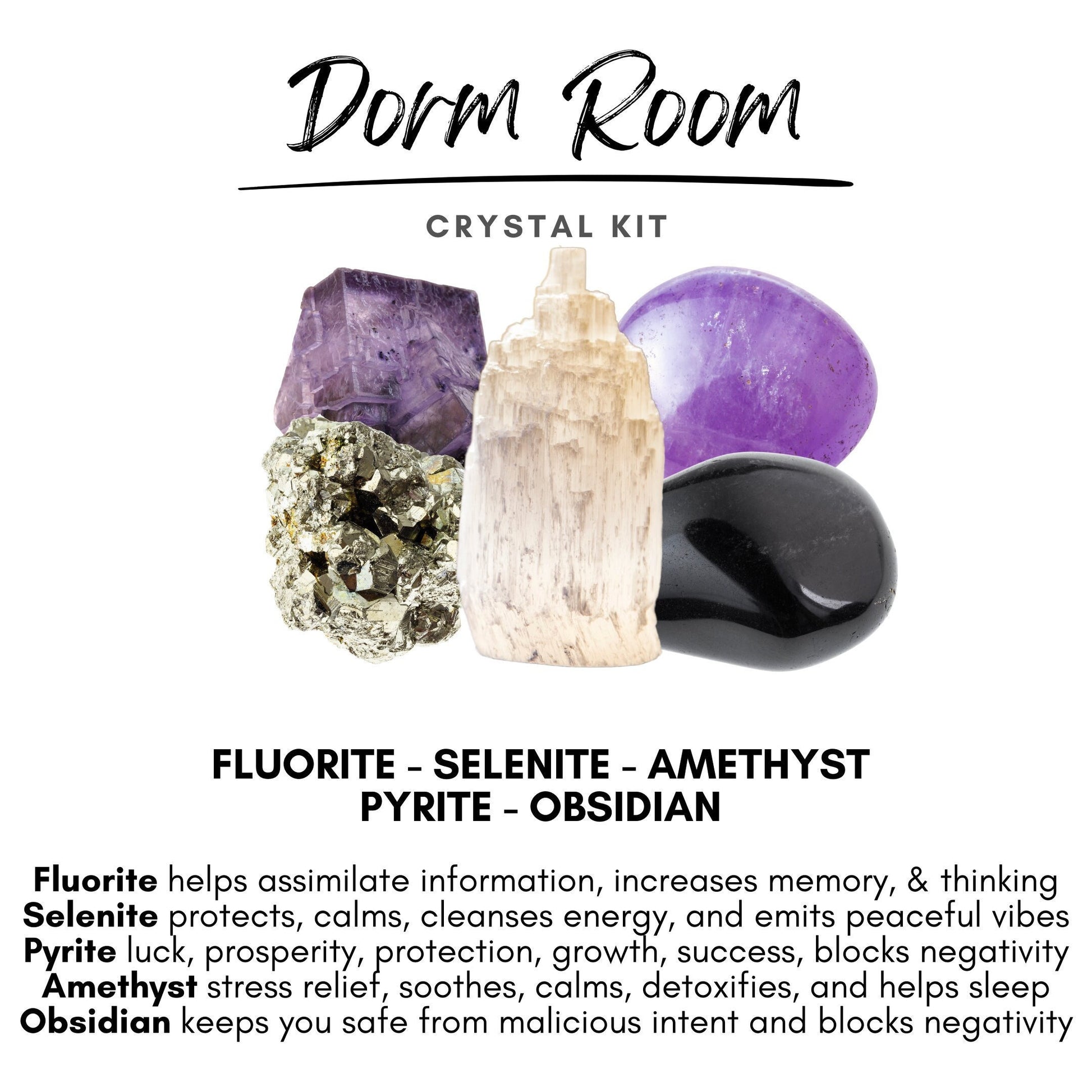 Image of a Dorm Room Crystal Kit featuring five essential crystals: fluorite, selenite, amethyst, pyrite, and obsidian. Each crystal is labeled with its respective benefits, such as memory improvement, protection, and detoxification—perfect for study and sleep aid in your college bedroom.