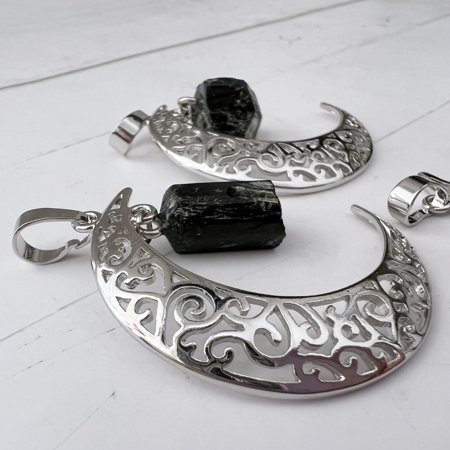 Silver Crescent Moon & Black Tourmaline Pendant