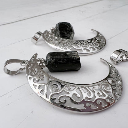 Silver Crescent Moon & Black Tourmaline Pendant