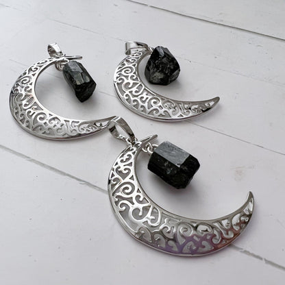 Silver Crescent Moon & Black Tourmaline Pendant