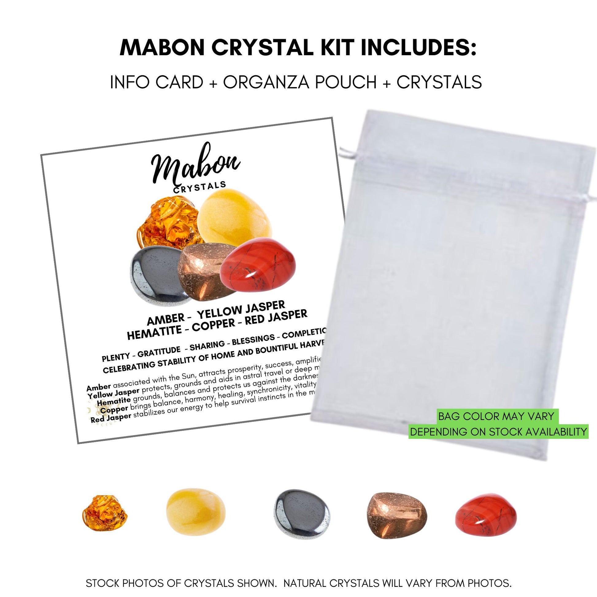 A cluster of five Mabon Crystals Kit: amber, yellow jasper, hematite, copper, and red jasper. These healing crystals signify prosperity, protection, grounding, gratitude, sharing, and blessings. Perfect for celebrating the Autumn Equinox.