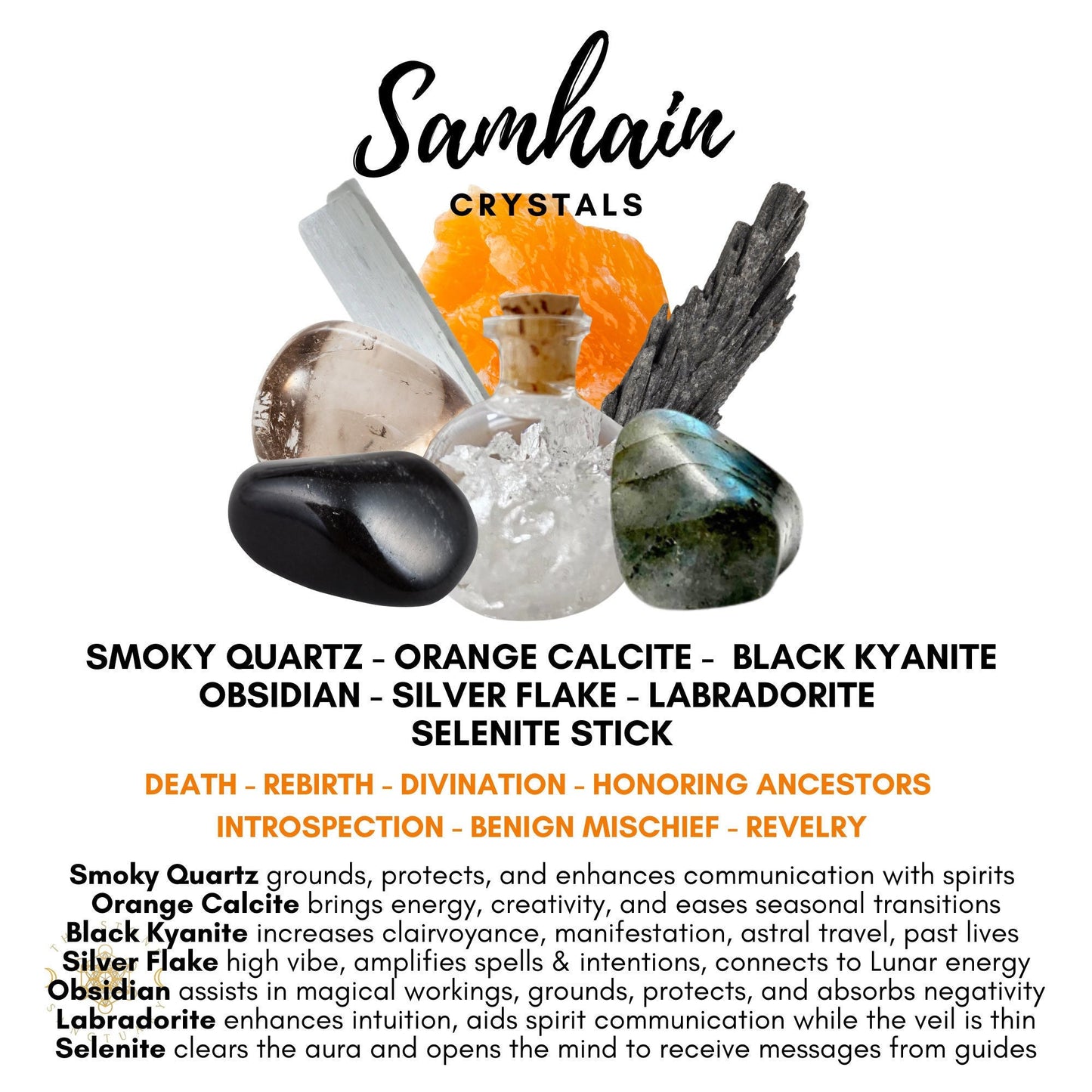 An informative graphic titled "Samhain Crystal Kit" showcases a healing crystals kit featuring six stones. Each crystal is labeled with its name and corresponding properties: Smoky Quartz, Orange Calcite, Black Kyanite, Obsidian, Silver Flake, Labradorite, and Selenite Stick. Ideal for spirit communication during Samhain.