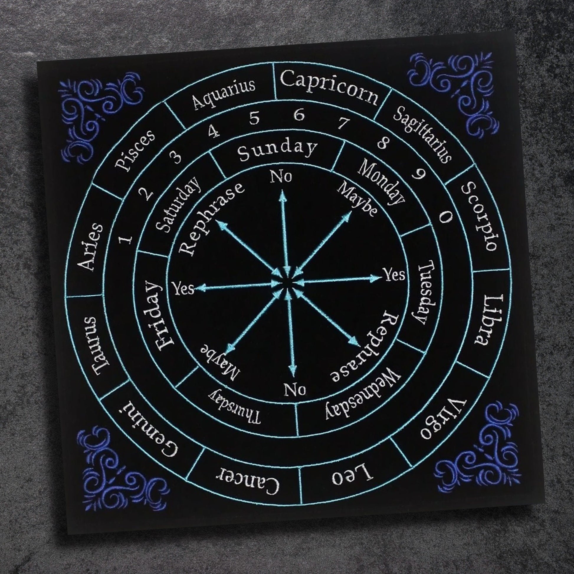 A black astrology board, akin to a 12" x 12" Embroided Velvet Zodiac Pendulum Mat, rests on the table, surrounded by small pumpkins and colorful potion bottles. This divination tool features a zodiac wheel with responses like "Yes," "No," and "Maybe," along with days of the week and calendar months.