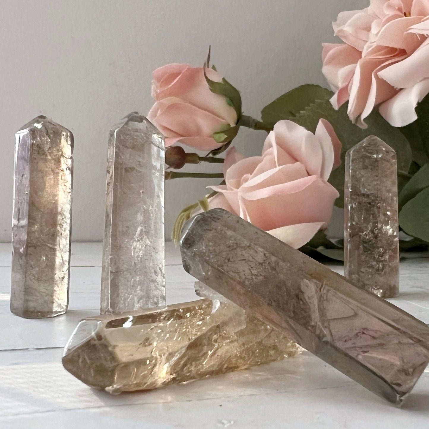 A set of six clear and 1-2" Smoky Quartz Point crystal points arranged on a white surface with pink roses in the background. The crystals have a polished, translucent appearance and range in height. Perfect for crystal grids, the roses add a soft, delicate contrast to these grounding stones.