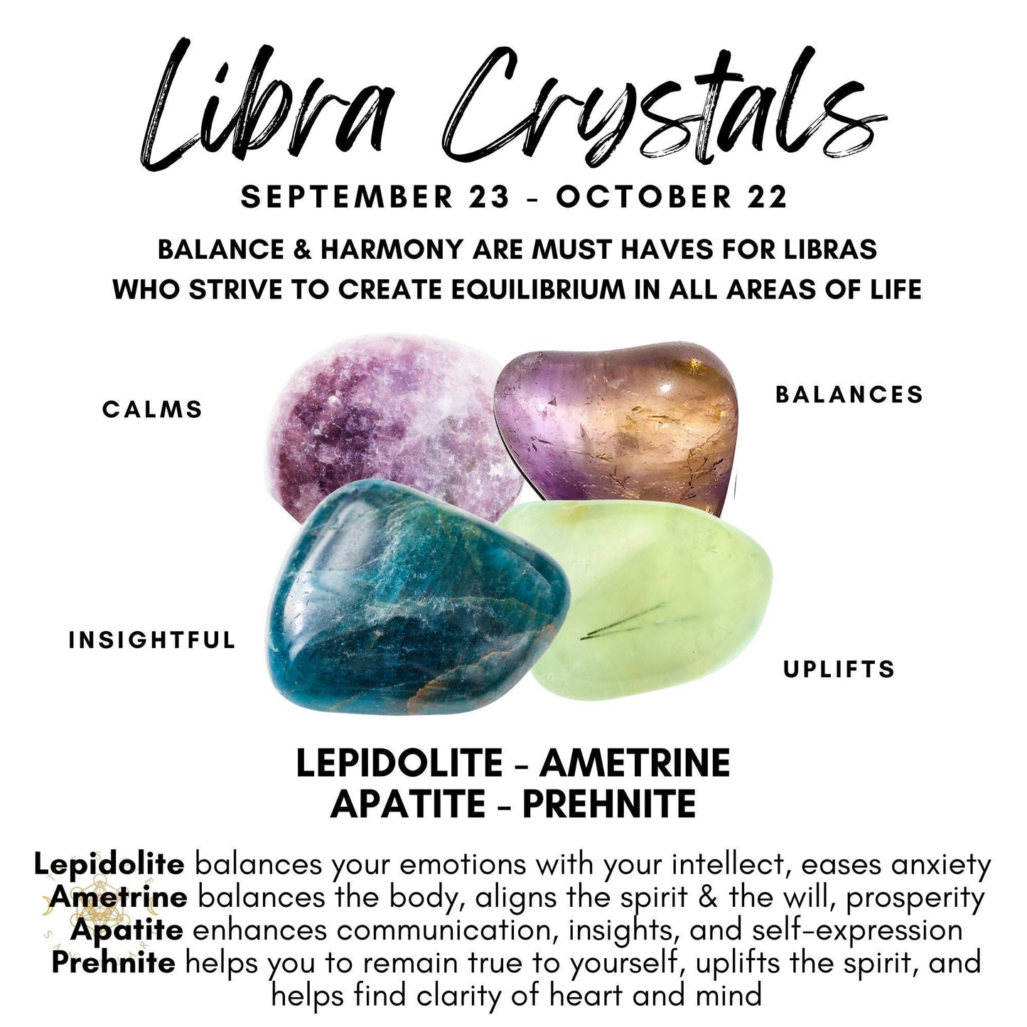 Image featuring "Libra Crystal Kit" from September 23 to October 22. The healing crystals shown are Lepidolite (calms), Ametrine (balances), Apatite (insightful), and Prehnite (uplifts). Descriptions explain how each stone balances traits and energies for Libras, enhancing their intrinsic harmony with Reiki energy.