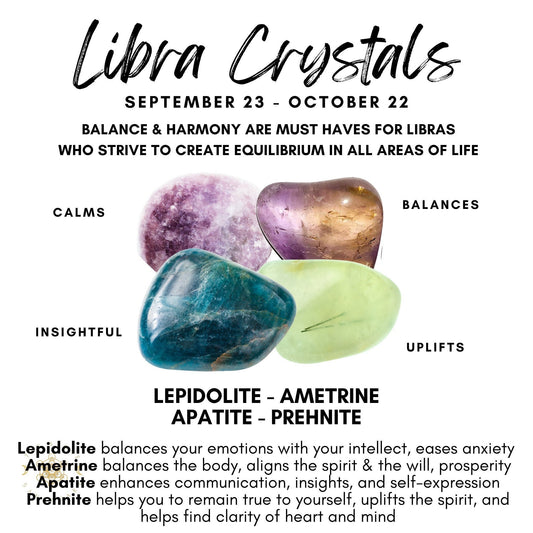 Image featuring "Libra Crystal Kit" from September 23 to October 22. The healing crystals shown are Lepidolite (calms), Ametrine (balances), Apatite (insightful), and Prehnite (uplifts). Descriptions explain how each stone balances traits and energies for Libras, enhancing their intrinsic harmony with Reiki energy.