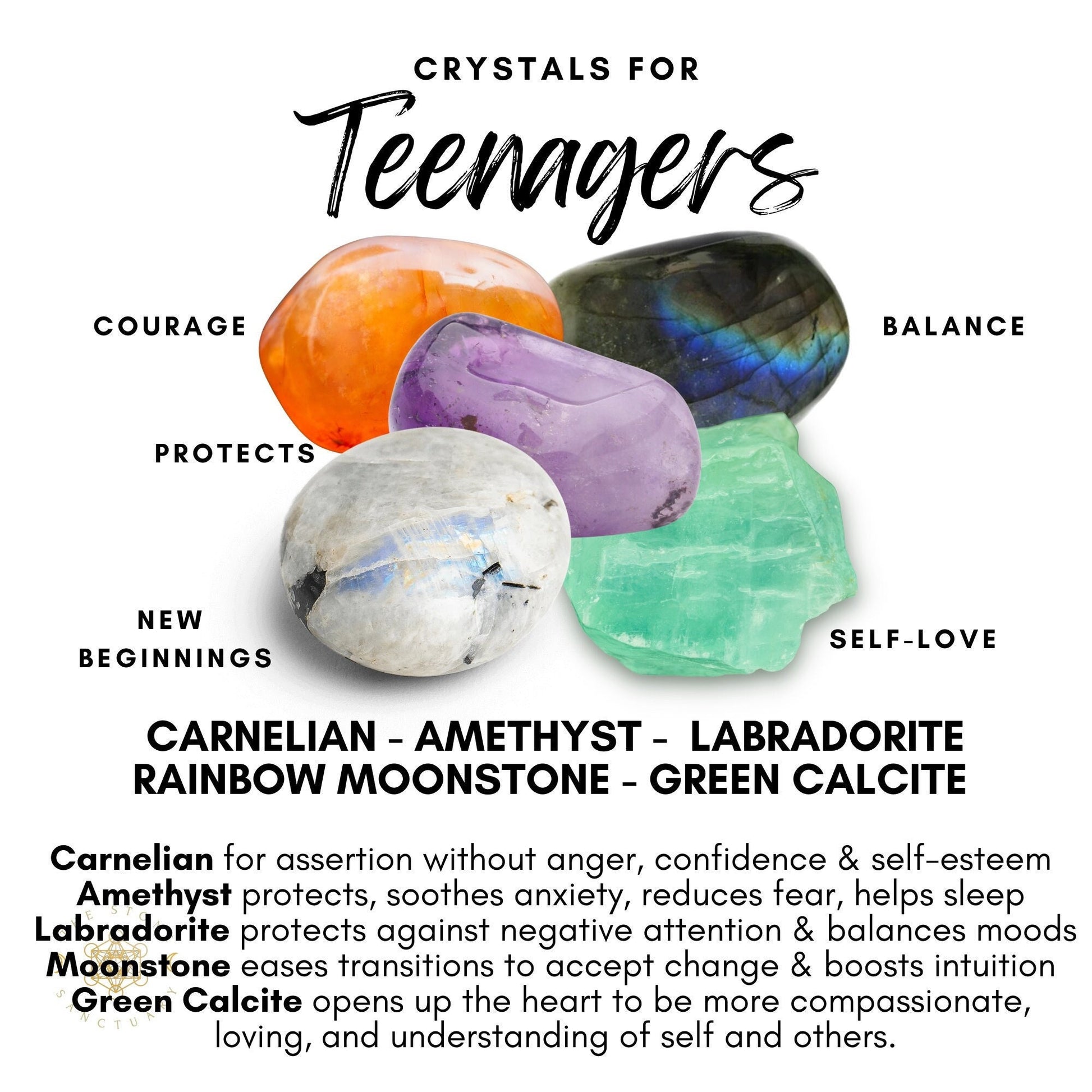 Image of five colorful crystals labeled "Teen Crystal Kit," with names and captions: Carnelian (courage, new beginnings), Amethyst (protects), Labradorite (balance), Rainbow Moonstone (protects), Green Calcite (self-love). Text below describes each crystal's benefits in navigating teenage life.