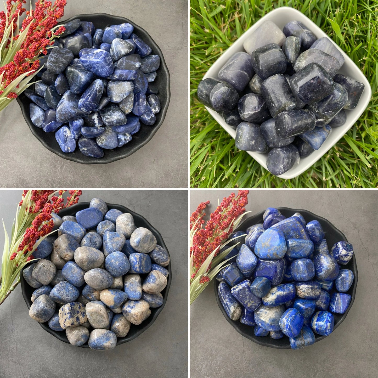 An image featuring the Third Eye Chakra Crystal Kit: Lapis Lazuli, Sodalite, Iolite, and Dumortierite. Each crystal is shown with corresponding descriptions: Lapis Lazuli aids wisdom, Sodalite enhances intuition, Iolite offers visions, and Dumortierite supports psychic communication. In the center is a meditating figure.