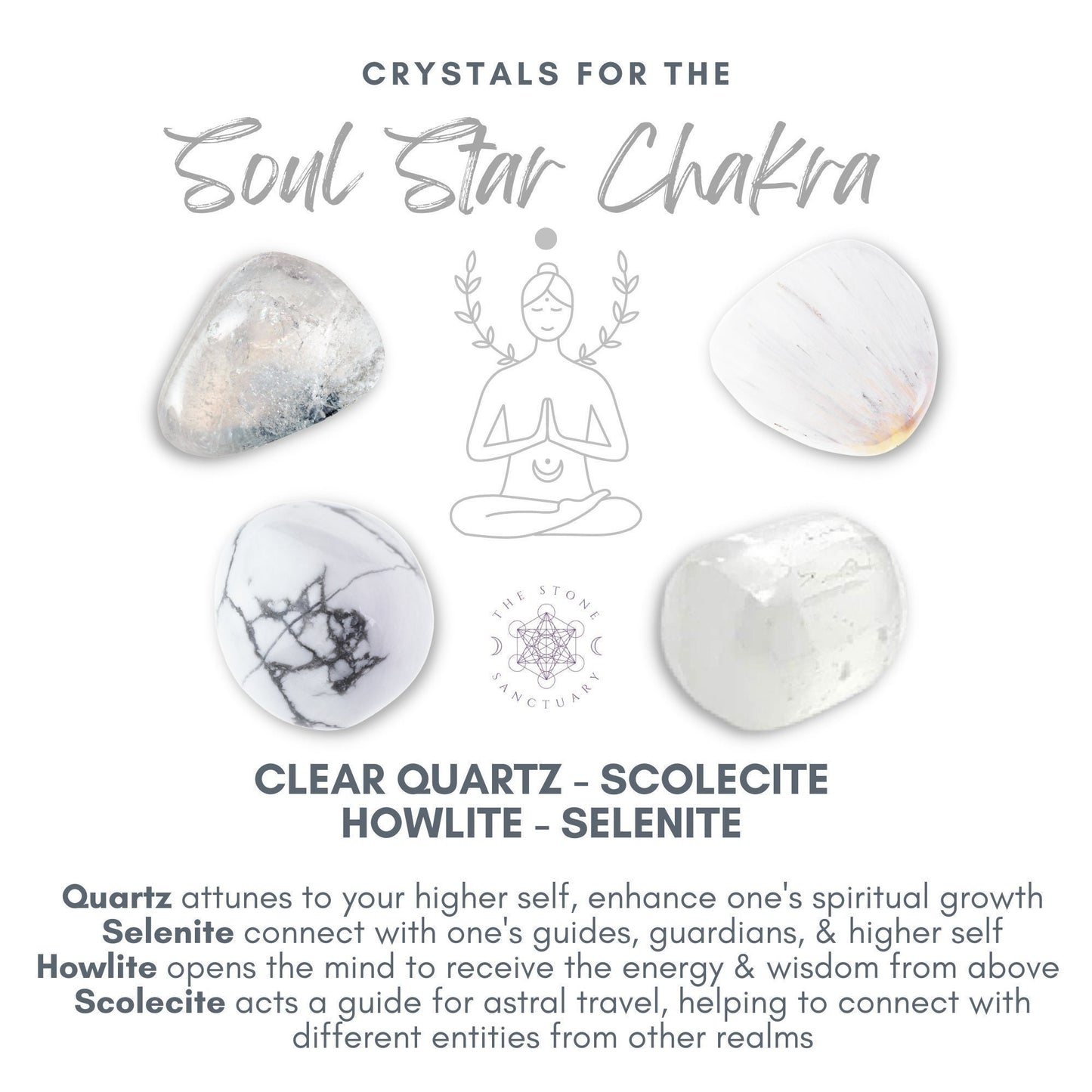 An illustration titled "Soul Star Chakra Crystal Kit" showcases four healing crystals: Clear Quartz, Scolecite, Howlite, and Selenite. Each crystal's purpose is detailed below, surrounding a central meditation figure and a minimalist logo at the bottom center.