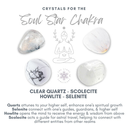 An illustration titled "Soul Star Chakra Crystal Kit" showcases four healing crystals: Clear Quartz, Scolecite, Howlite, and Selenite. Each crystal's purpose is detailed below, surrounding a central meditation figure and a minimalist logo at the bottom center.