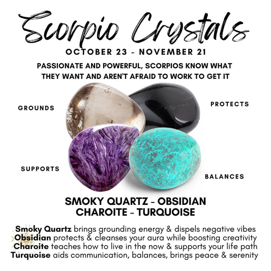 Image of four types of crystals associated with the Scorpio zodiac sign. The title reads "Scorpio Crystals" followed by the date range "October 23 - November 21." This Scorpio Crystal Kit includes Smoky Quartz (Grounds), Obsidian (Protects), Charoite (Supports), and Turquoise (Balances), highlighting each crystal's properties and benefits.