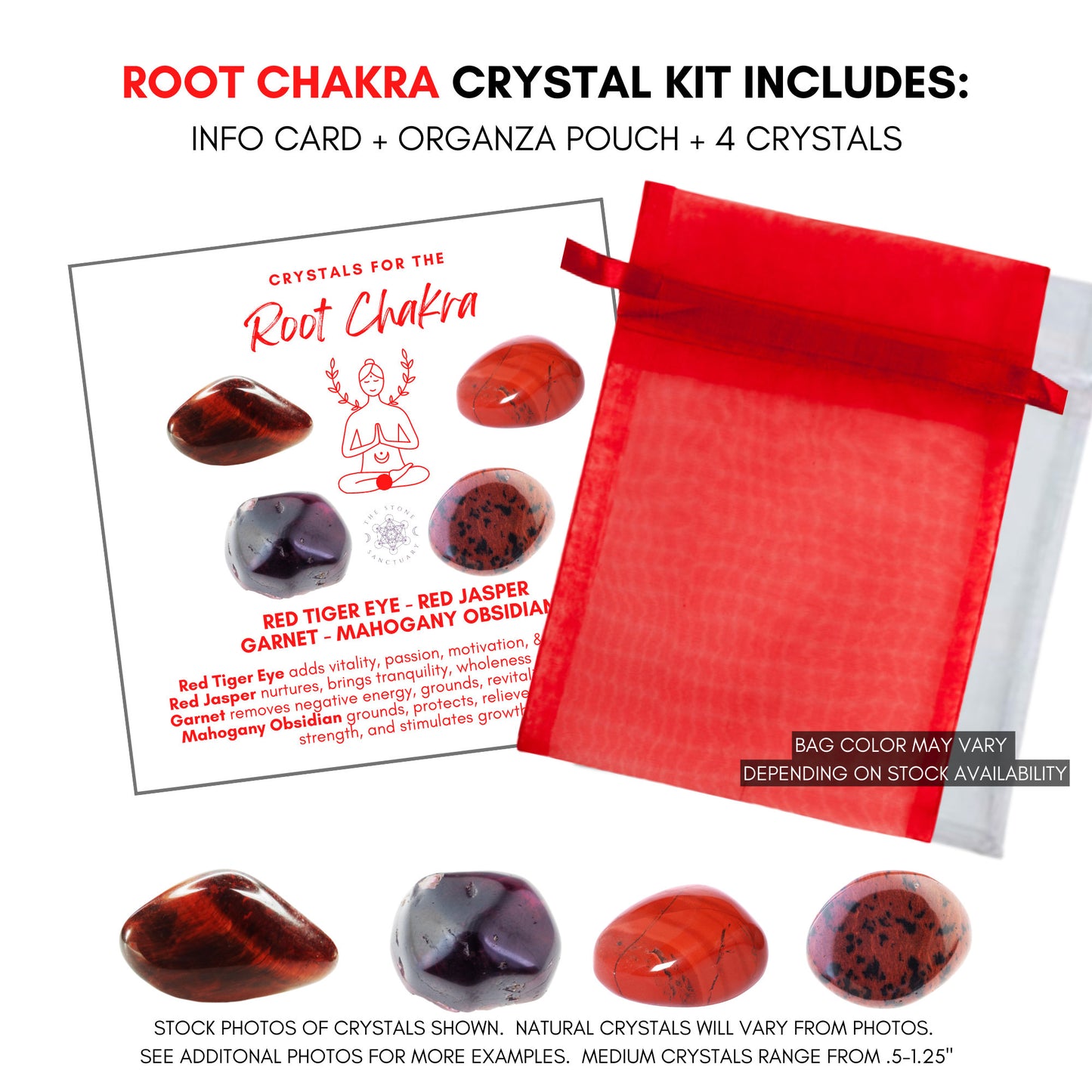 An image highlighting healing crystals for the Root Chakra Crystal Kit, featuring Red Tiger Eye, Red Jasper, Garnet, and Mahogany Obsidian stones. Each stone is described with benefits like adding vitality, nurturing, removing negative energy stagnation, grounding, and relieving tension.