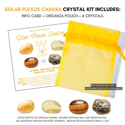 An infographic titled "Healing Crystals for the Solar Plexus Chakra" showcasing four crystal images: Citrine, Natural Topaz, Tiger Eye, and Pyrite. Each crystal's benefits are detailed: Citrine for positivity, Topaz for visualization, Tiger Eye for courage, and Pyrite for creativity features in the Solar Plexus Chakra Crystal Kit.