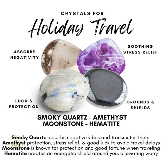 Four crystals labeled as "Holiday Travel Crystal Kit." From left to right: Smoky Quartz (absorbs negativity), Moonstone (luck and protection), Amethyst (soothing stress relief), and Hematite (grounds and shields). This travel kit features healing crystals perfect for your journey.