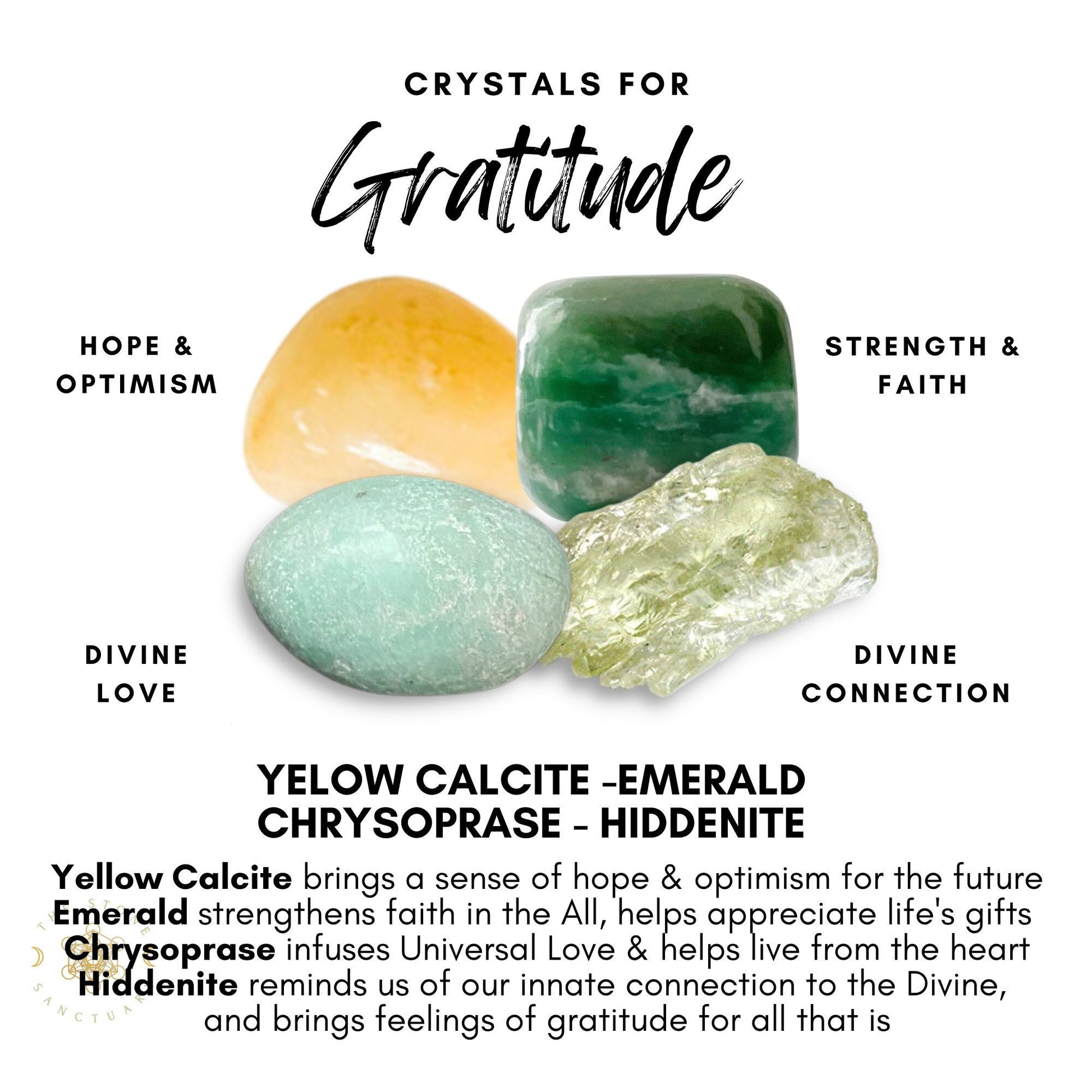 Image featuring four healing crystals with accompanying text about their attributes. The crystals are Yellow Calcite (hope & optimism), Emerald (strength & faith), Chrysoprase (divine love), and Hiddenite (divine connection). Title reads "Gratitude Crystal Kit." Perfect for enhancing mental health.