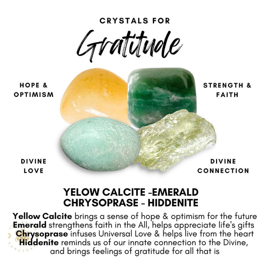 Image featuring four healing crystals with accompanying text about their attributes. The crystals are Yellow Calcite (hope & optimism), Emerald (strength & faith), Chrysoprase (divine love), and Hiddenite (divine connection). Title reads "Gratitude Crystal Kit." Perfect for enhancing mental health.