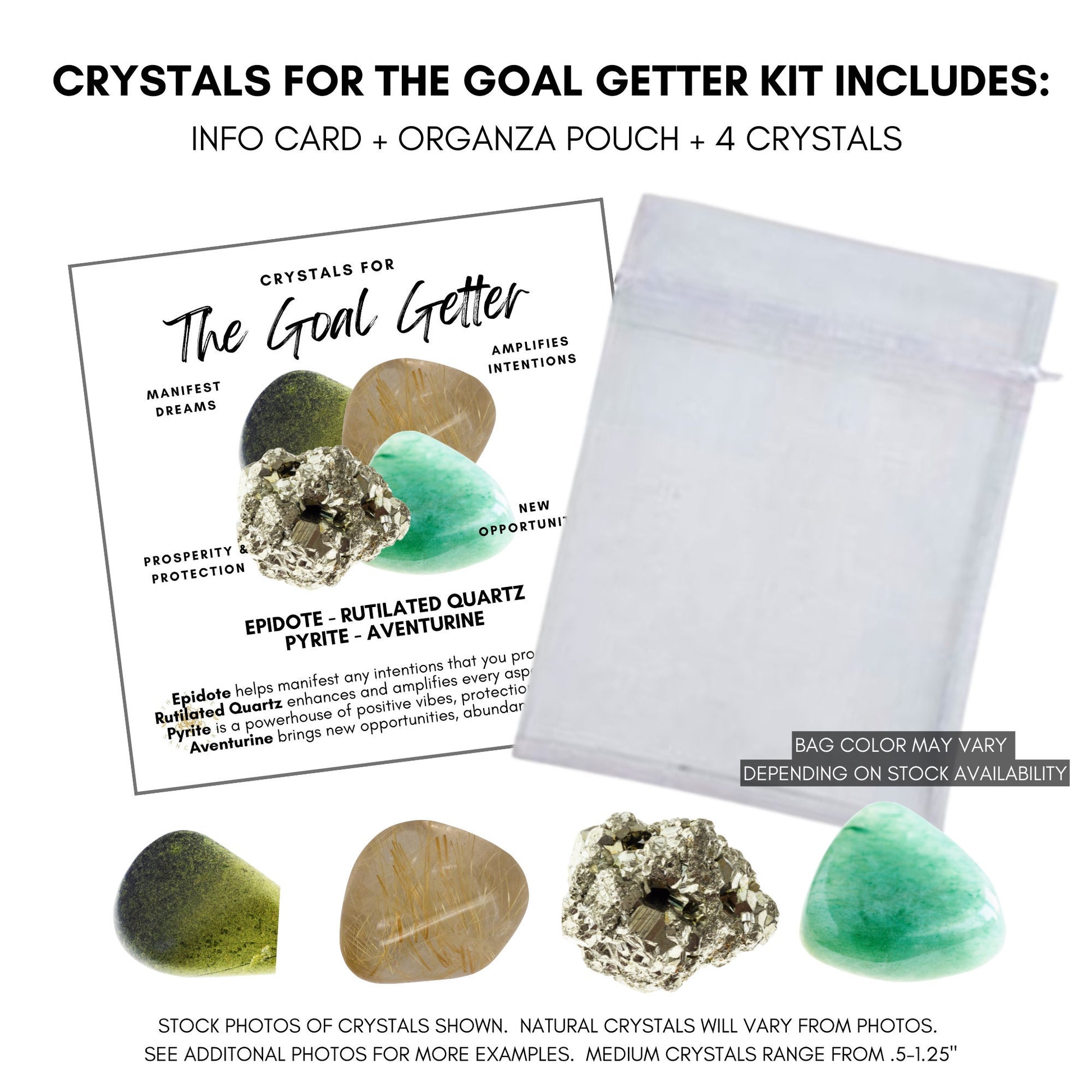 Image featuring four healing crystals with text describing their properties. The heading says, "Goal Getting Crystal Kit." Crystals shown and labeled are Epidote, Rutilated Quartz, Pyrite, and Aventurine—each associated with manifesting dreams, amplifying intentions, prosperity and protection, and new opportunities. Descriptive text at the bottom explains each crystal's benefits.