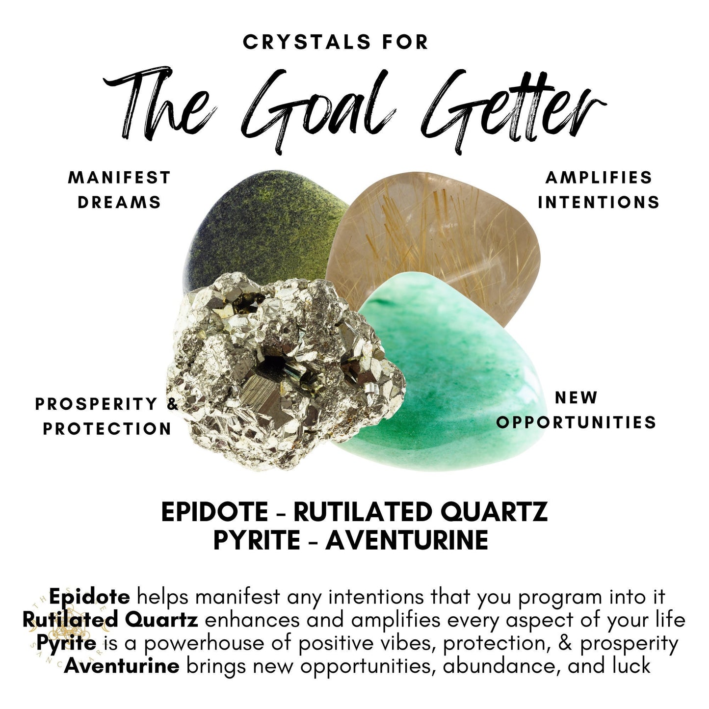 Image featuring four healing crystals with text describing their properties. The heading says, "Goal Getting Crystal Kit." Crystals shown and labeled are Epidote, Rutilated Quartz, Pyrite, and Aventurine—each associated with manifesting dreams, amplifying intentions, prosperity and protection, and new opportunities. Descriptive text at the bottom explains each crystal's benefits.