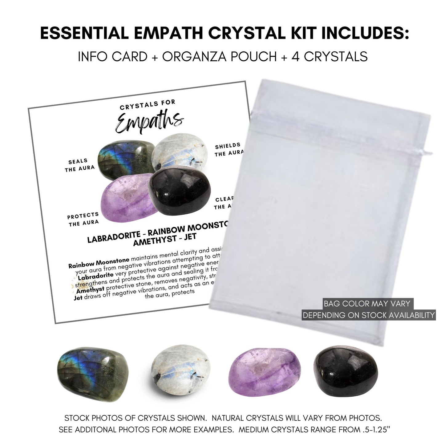 An image showcasing an Empath Crystal Kit features four unique crystals and their properties: Labradorite (seals the aura), Rainbow Moonstone (shields the aura), Amethyst (protects the aura), and Jet (clears negative energy). Detailed descriptions are provided for achieving mental clarity.