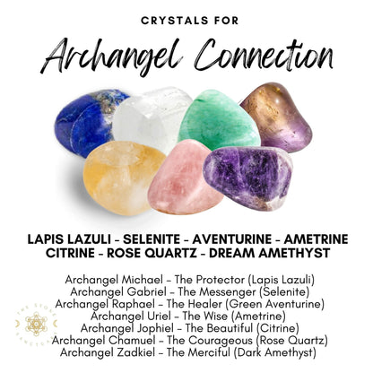 Image displaying the Archangel Crystal Kit labeled for archangel communication: Lapis Lazuli (blue), Selenite (white), Aventurine (green), Ametrine (purple and yellow), Citrine (yellow), and Rose Quartz (pink). Each crystal is linked to an archangel with corresponding titles.