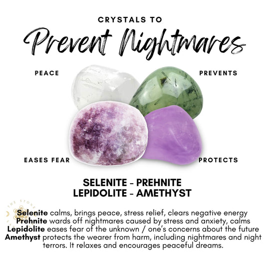 An image featuring a Prevent Nightmares Crystal Kit with four stunning stones: selenite (white), prehnite (green), lepidolite (purple), and amethyst (purple) against a white background. Text explains how these crystals to prevent nightmares offer specific benefits and harness the power of Reiki energy for restful sleep.