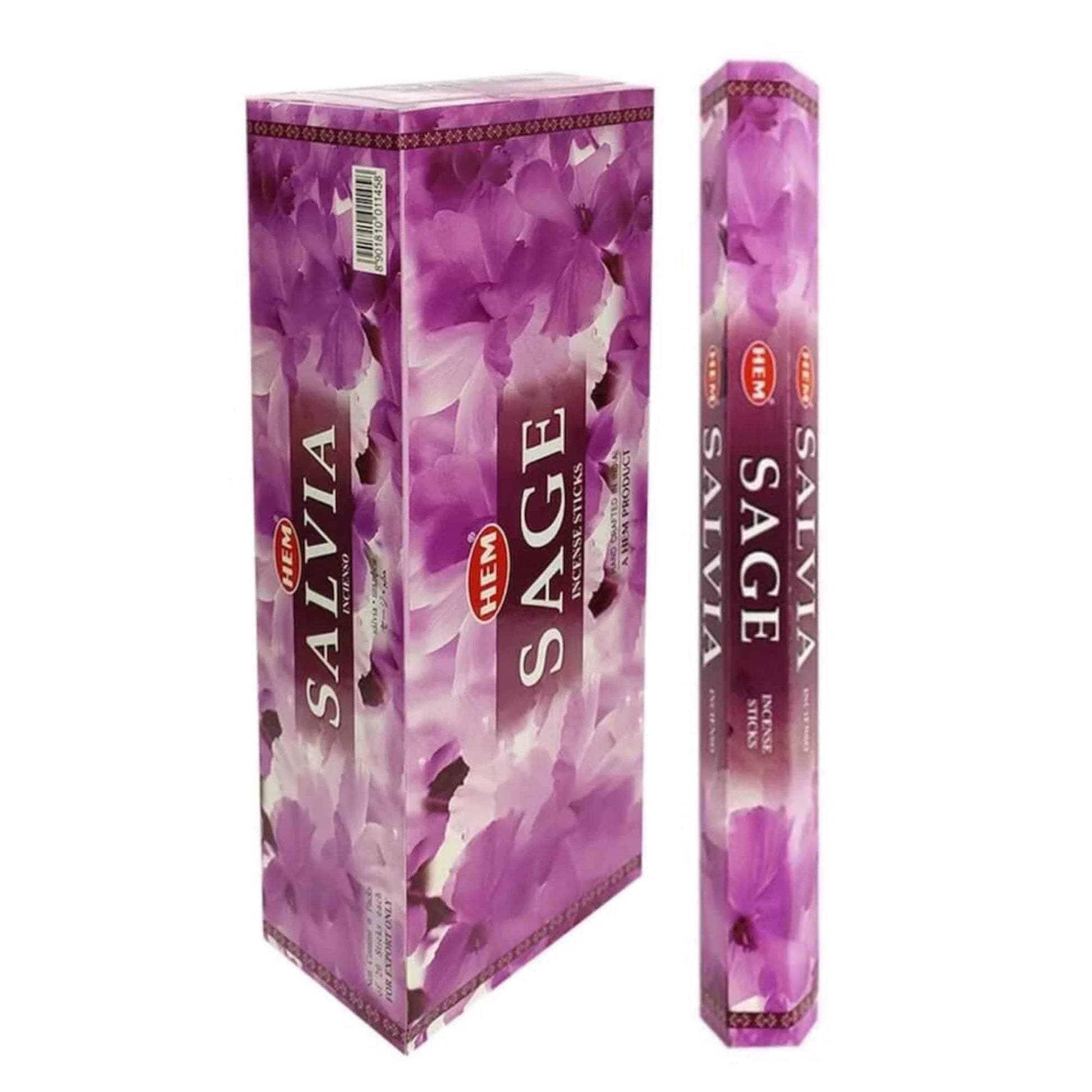 Two packs of Sage Incense Sticks are shown. The boxes, adorned with purple and white floral patterns, are designed to cleanse spaces. One box stands upright while the other lies horizontally. Both feature the HEM brand logo and the word "SAGE" prominently on the front, showcasing this traditional incense.