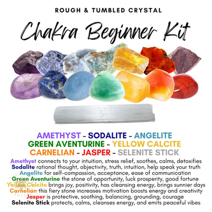 An image of a 15Pc Rough & Tumbled Beginner Chakra Crystal Kit featuring various rough and tumbled healing crystals. The crystals, perfect for chakra healing and energy balance, are labeled as Amethyst, Sodalite, Angelite, Green Aventurine, Yellow Calcite, Carnelian, Jasper, and Selenite Stick. Each crystal's properties are listed below.