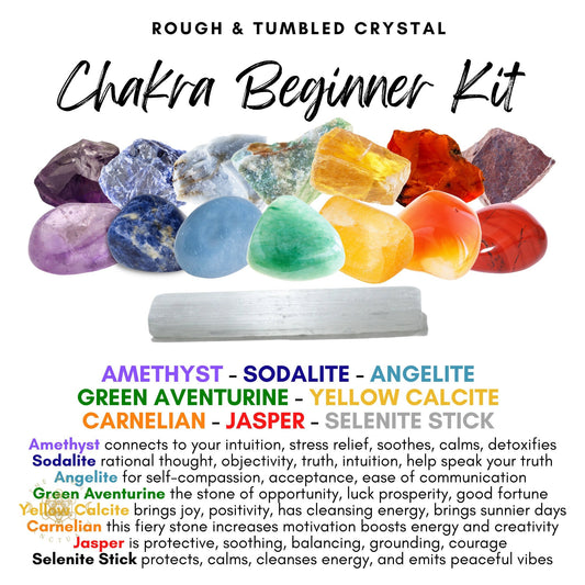 An image of a 15Pc Rough & Tumbled Beginner Chakra Crystal Kit featuring various rough and tumbled healing crystals. The crystals, perfect for chakra healing and energy balance, are labeled as Amethyst, Sodalite, Angelite, Green Aventurine, Yellow Calcite, Carnelian, Jasper, and Selenite Stick. Each crystal's properties are listed below.