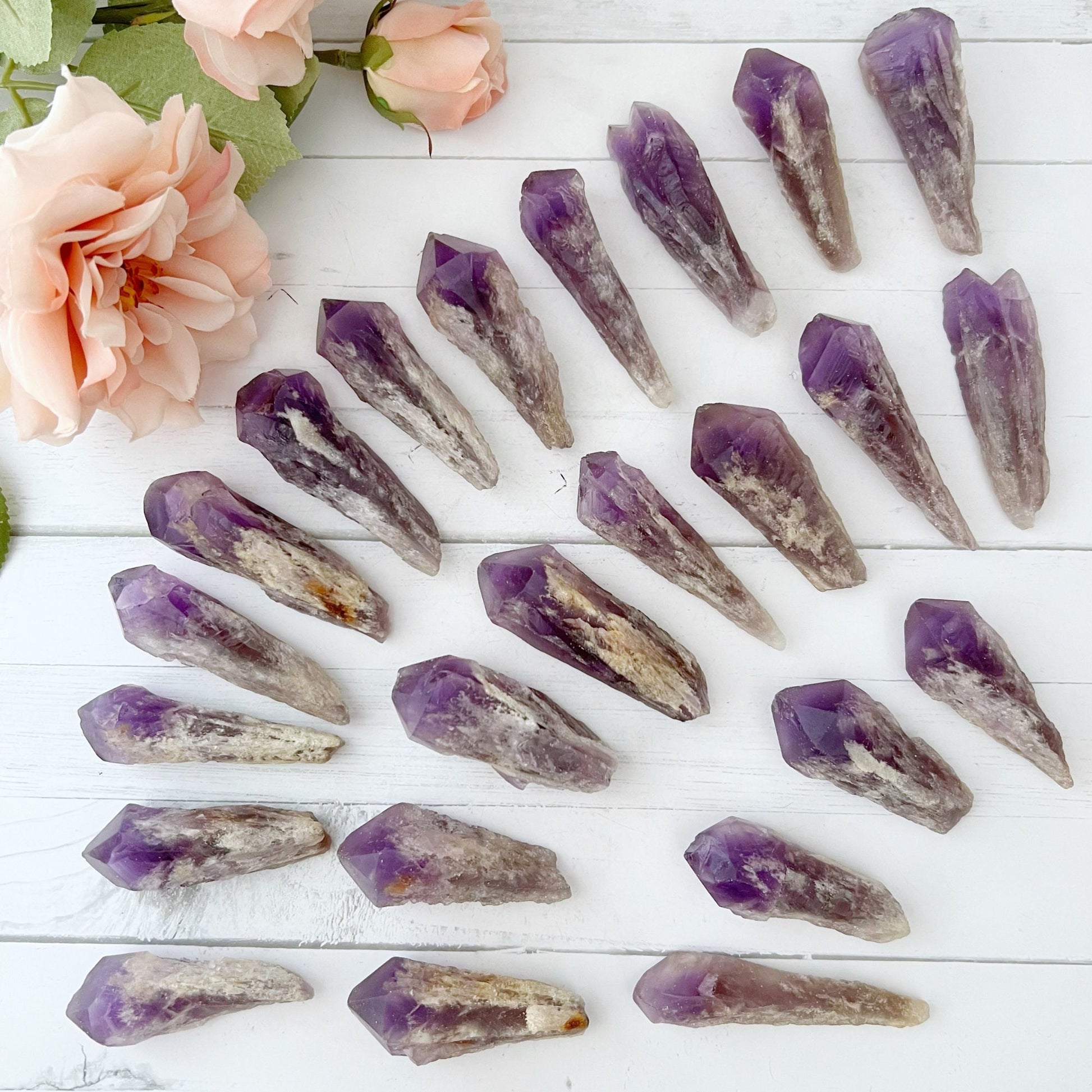 A collection of twenty-four AAA Bahia Elestial Amethyst Laser Points arranged neatly on a white wooden surface. The crystals are predominantly purple with some variations in coloration. There are light pink roses placed in the top left corner for decorative effect, enhancing the beauty of these healing crystals.