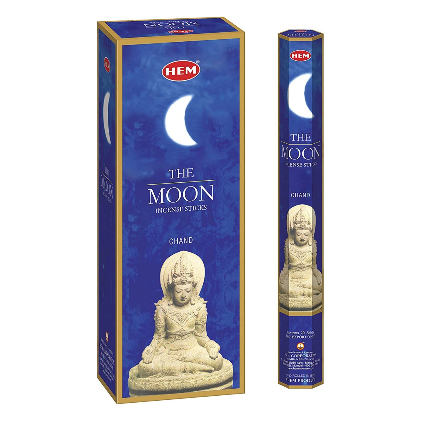 Image of The Moon Incense Sticks packaging. The box features a blue background with a crescent moon and a statue of a meditating deity on the front, evoking the tranquil ambiance ideal for meditation. The branding and product name are prominently displayed, highlighting its traditional incense heritage.