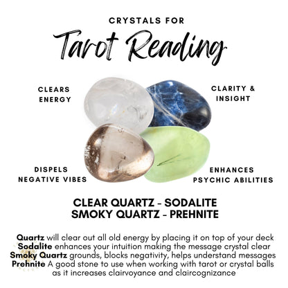 A graphic titled "Crystals for Tarot Reading" showcases four essential healing crystals: clear quartz (clears energy), sodalite (clarity & insight), smoky quartz (dispels negative vibes), and prehnite (enhances psychic abilities). Descriptions for each crystal's benefits are included, perfect for your Tarot Crystal Kit.