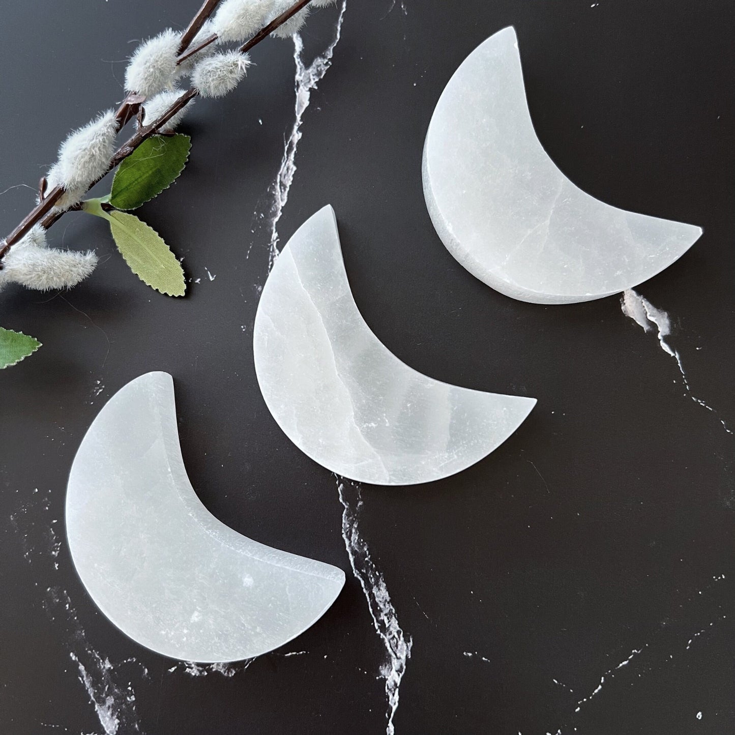 Three polished 3" Selenite Moon Charging Plates are arranged in a diagonal line on a black marble surface. At the top left corner, a sprig of green leaves and soft, white pussy willow catkins adds a natural touch to the scene, perfect for crystal cleansing and as an elegant Charging Plate.