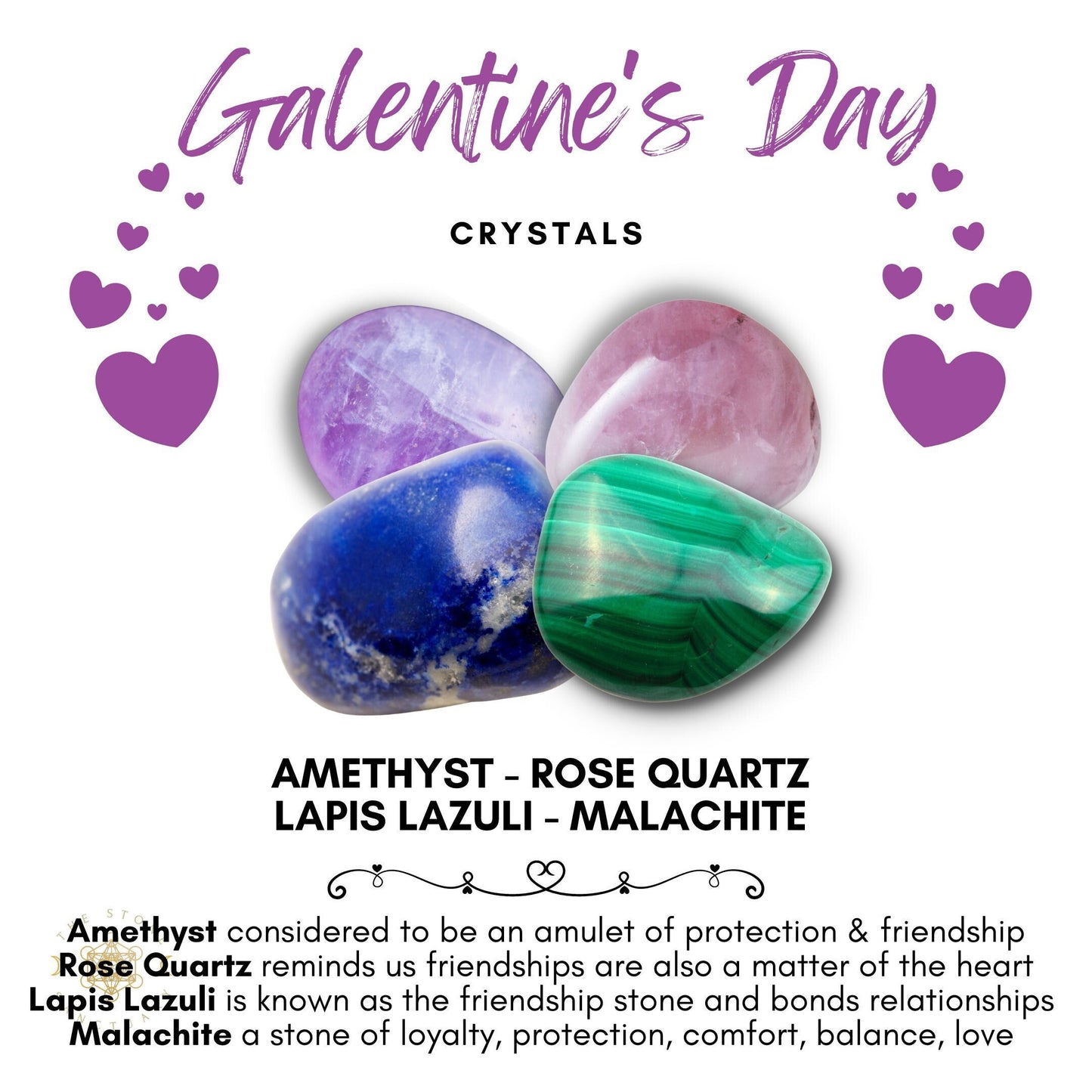 A Galentine’s Day-themed image displaying a Galentine's Day Crystal Kit: amethyst, rose quartz, lapis lazuli, and malachite. The friendship stones have text descriptions of their meanings and benefits, surrounded by purple heart graphics.