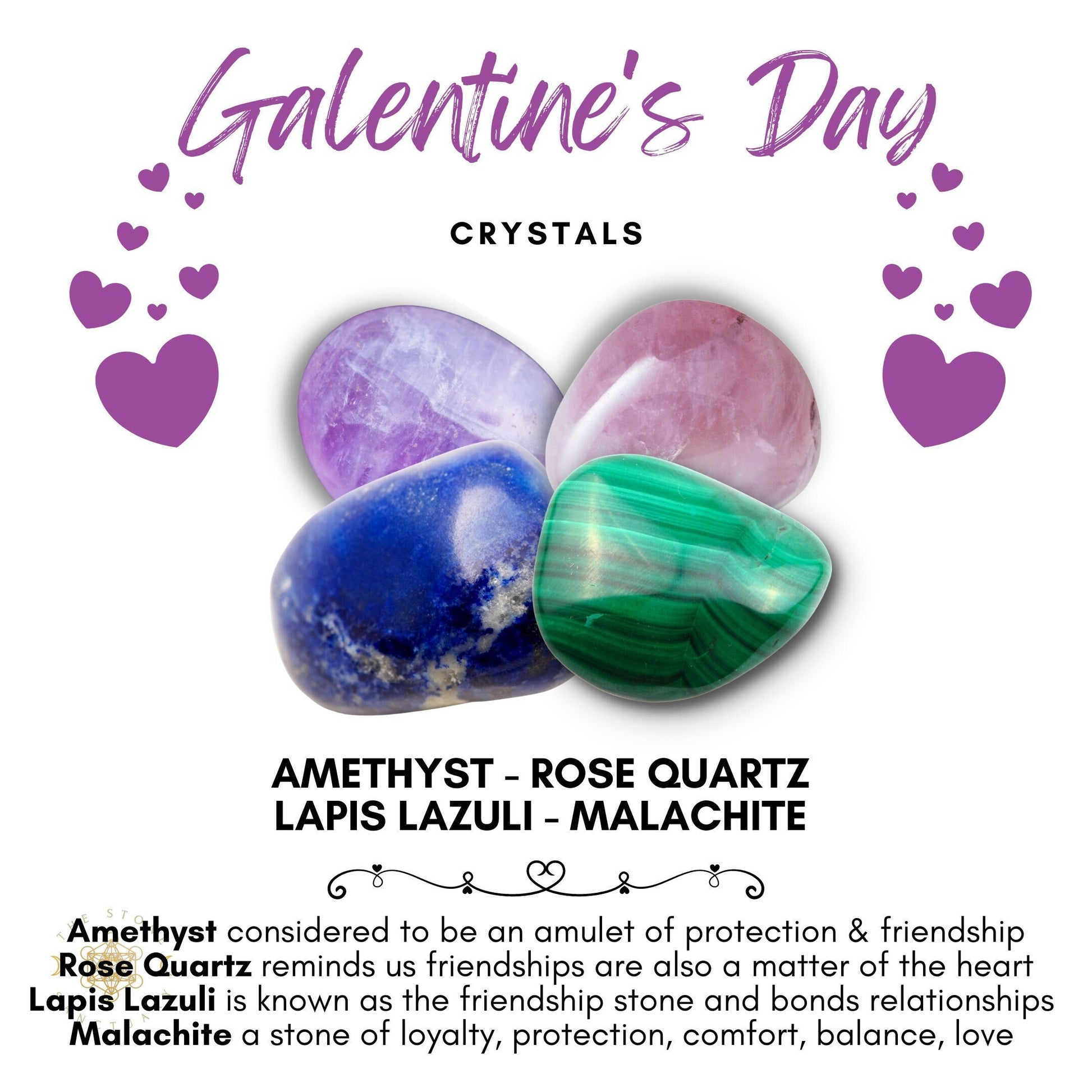 A Galentine’s Day-themed image displaying a Galentine's Day Crystal Kit: amethyst, rose quartz, lapis lazuli, and malachite. The friendship stones have text descriptions of their meanings and benefits, surrounded by purple heart graphics.