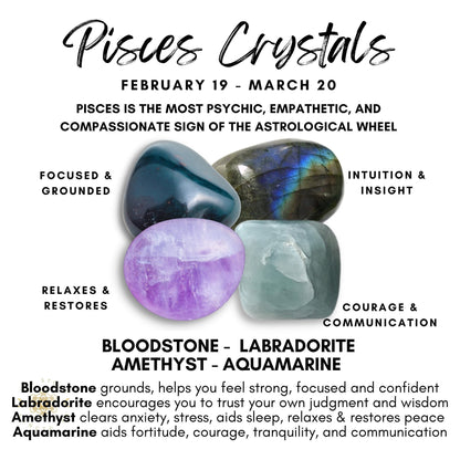 An image featuring the Pisces Crystal Kit: Bloodstone, Labradorite, Amethyst, and Aquamarine. Each crystal is labeled with its properties: Bloodstone (focus and grounding), Labradorite (intuition and insight), Amethyst (relaxation), and Aquamarine (courage). Ideal for a reiki energy session.