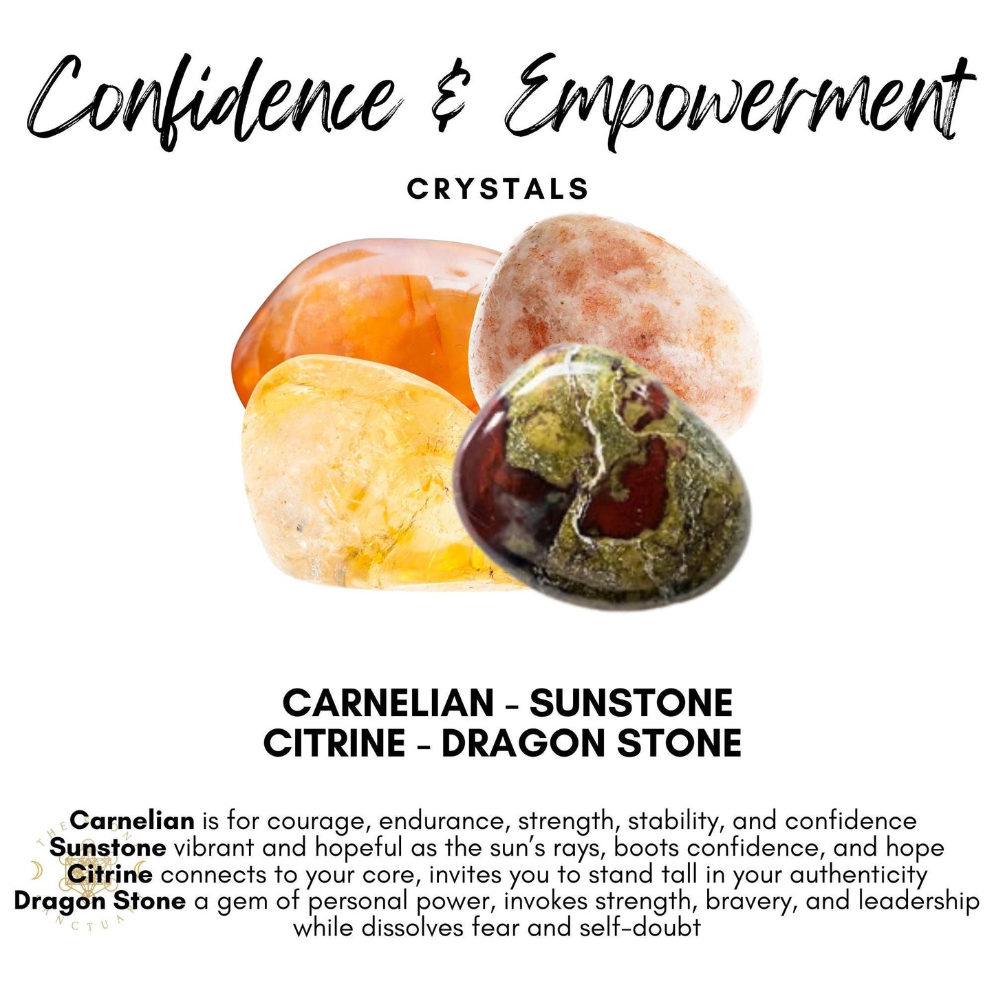 Image showing four crystals labeled Carnelian, Sunstone, Citrine, and Dragon Stone. Text above reads "Confidence Crystal Kit." Descriptions: Carnelian for courage and confidence, Sunstone for vibrance, Citrine for inner authenticity and personal inner power, Dragon Stone to dissolve fear and self-doubt while fostering strength and leadership.