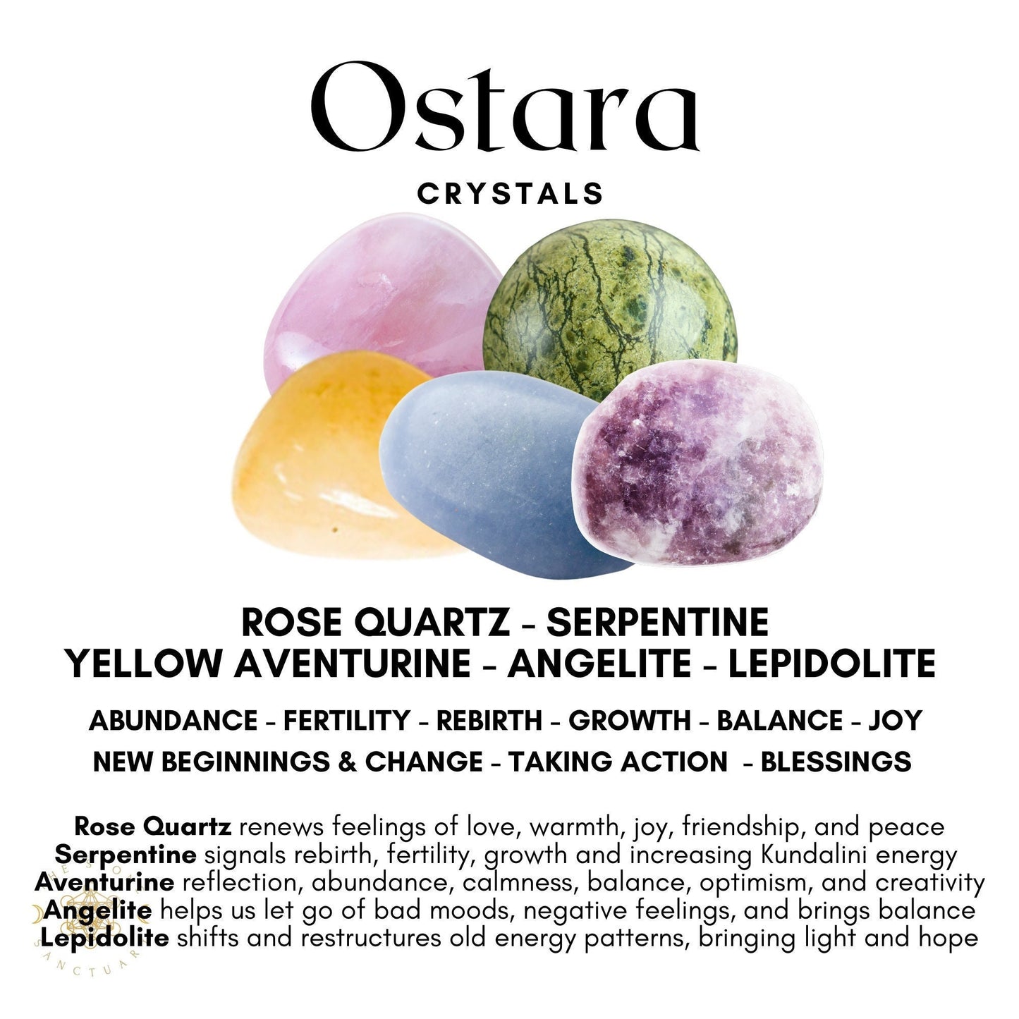 An arrangement of five crystals: rose quartz, serpentine, yellow aventurine, angelite, and lepidolite. Descriptions of each crystal list attributes such as fertility, growth, balance, joy, and other positive qualities associated with them. The text "Ostara Crystal Kit" appears at the top.

Product Name: Ostara Crystal Kit