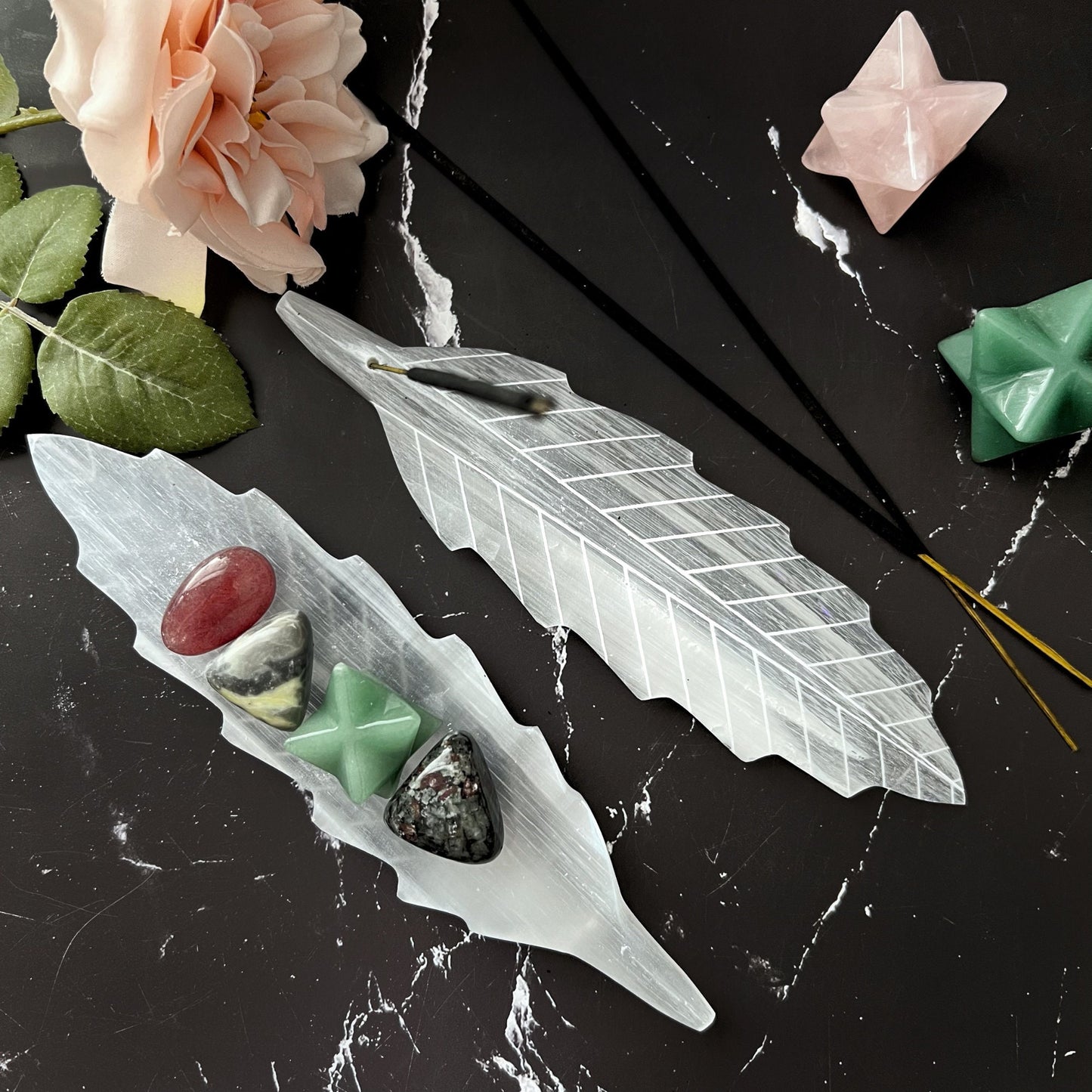 Selenite Feather Incense Holder & Charging Plate