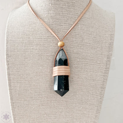 Black Tourmaline Leather Wrapped Point Necklace